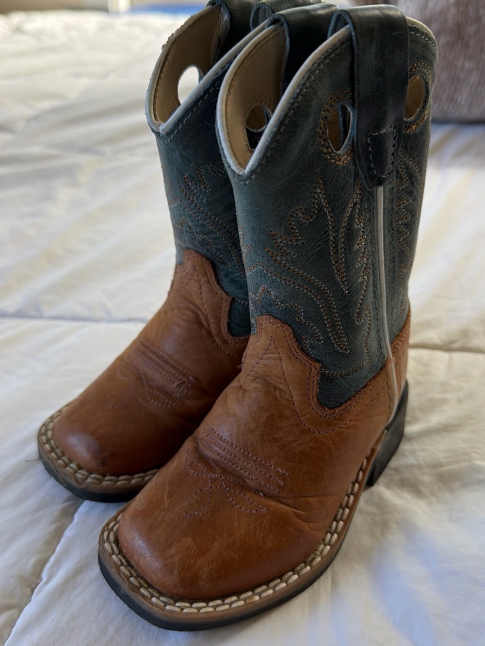 Two-Tone Brown and Teal Kids' Western Boots